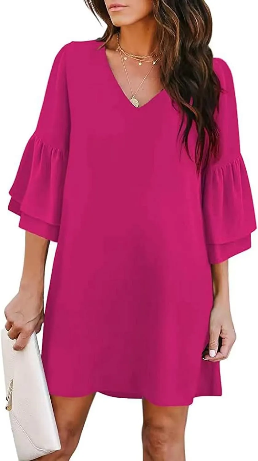 Summer Dresses for Women Casual V Neck Ruffle 3/4 Sleeve Mini Dress Elegant Baggy Solid Color Beach Shift Sundress