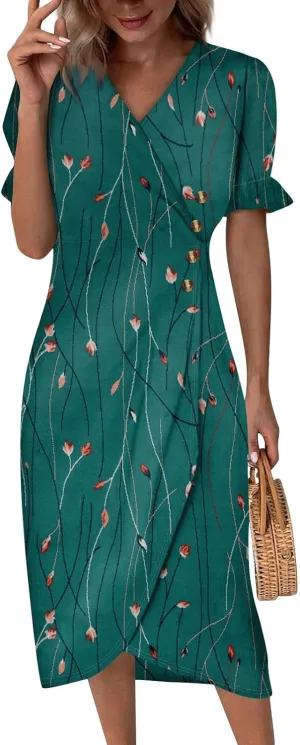 Summer Dresses for Women V Neck Wrap Midi Dress Casual Puff Sleeve Side Button Up Floral Beach Vacation Dresses
