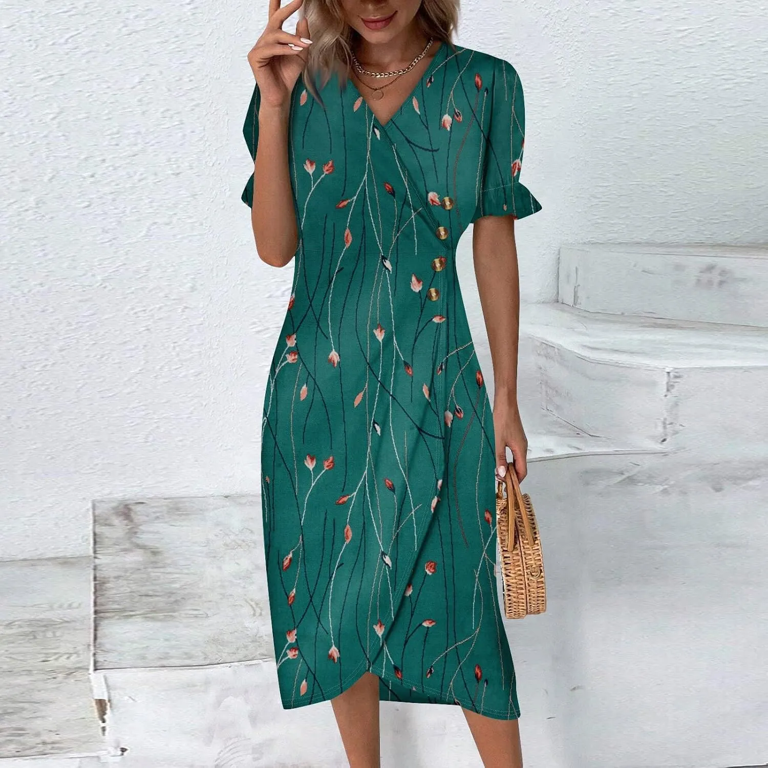 Summer Dresses for Women V Neck Wrap Midi Dress Casual Puff Sleeve Side Button Up Floral Beach Vacation Dresses