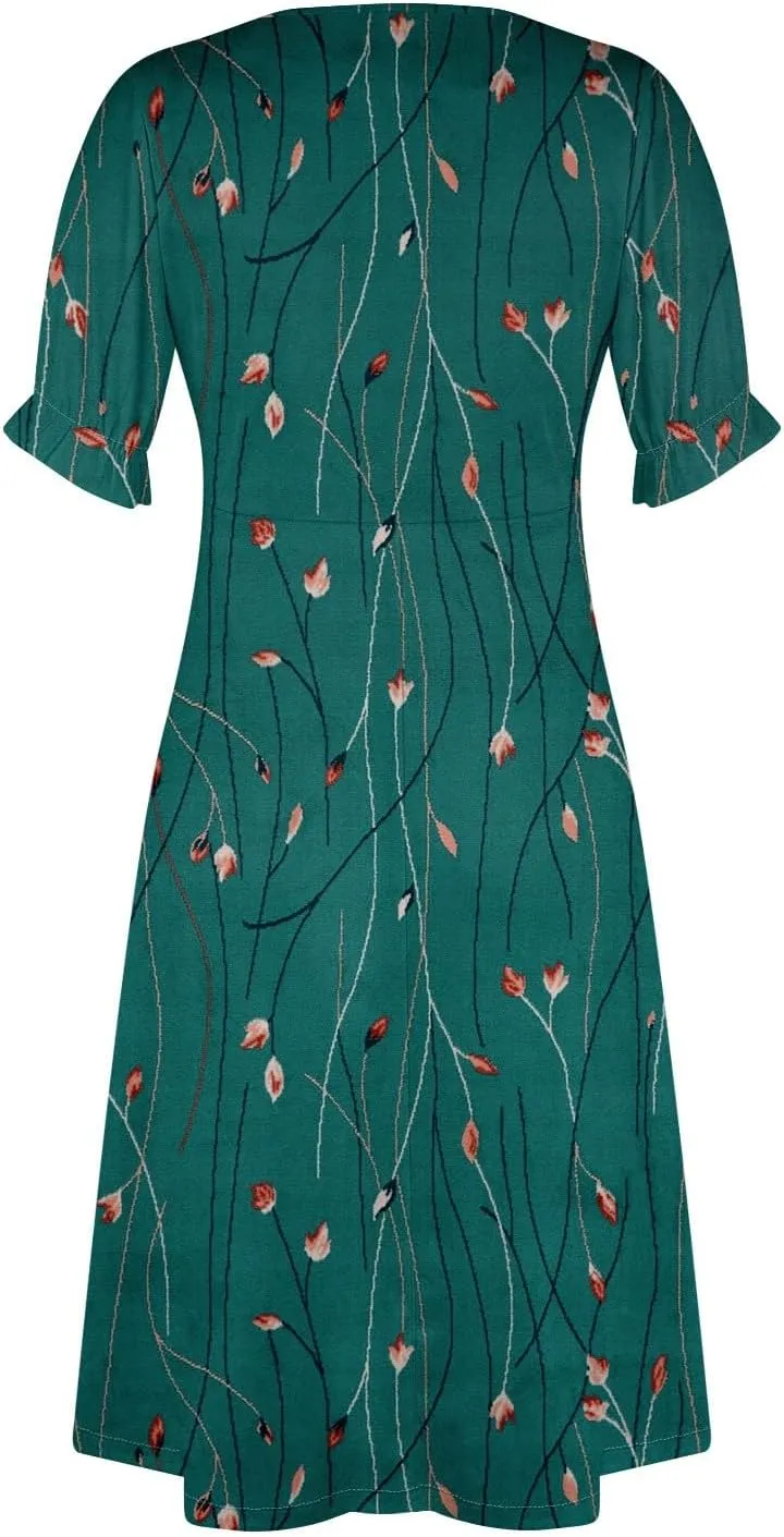 Summer Dresses for Women V Neck Wrap Midi Dress Casual Puff Sleeve Side Button Up Floral Beach Vacation Dresses