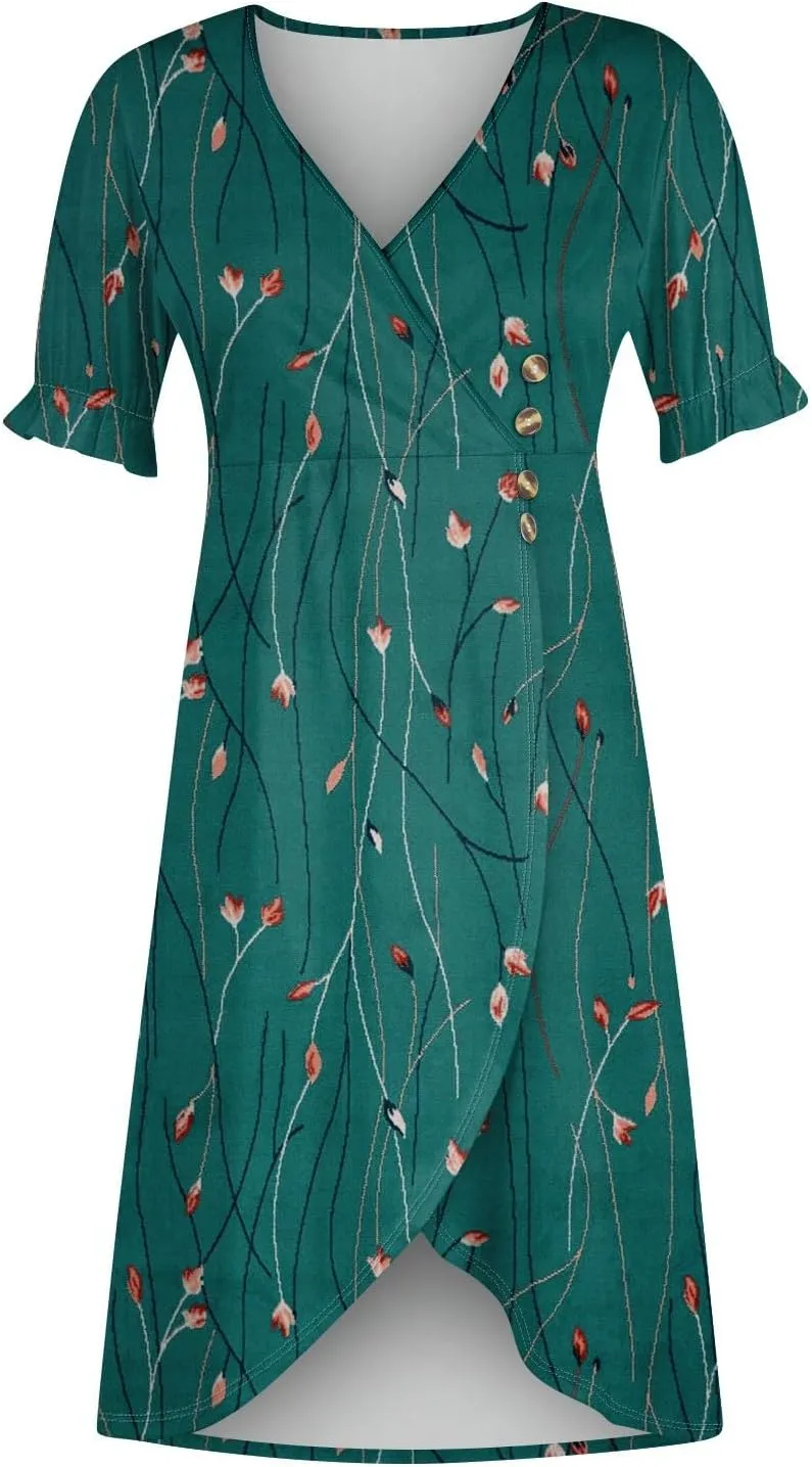 Summer Dresses for Women V Neck Wrap Midi Dress Casual Puff Sleeve Side Button Up Floral Beach Vacation Dresses