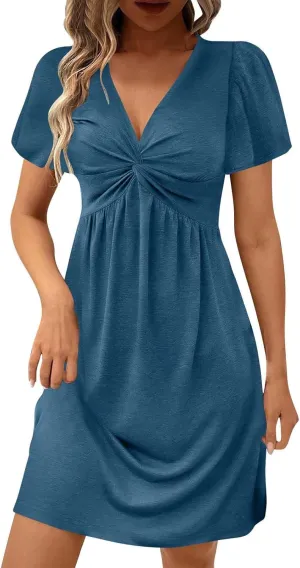Sundresses for Women Stylish Twist Knot Wrap V Neck Sexy Party Dress Short Sleeve Summer Beach Dress A-Line Comfort