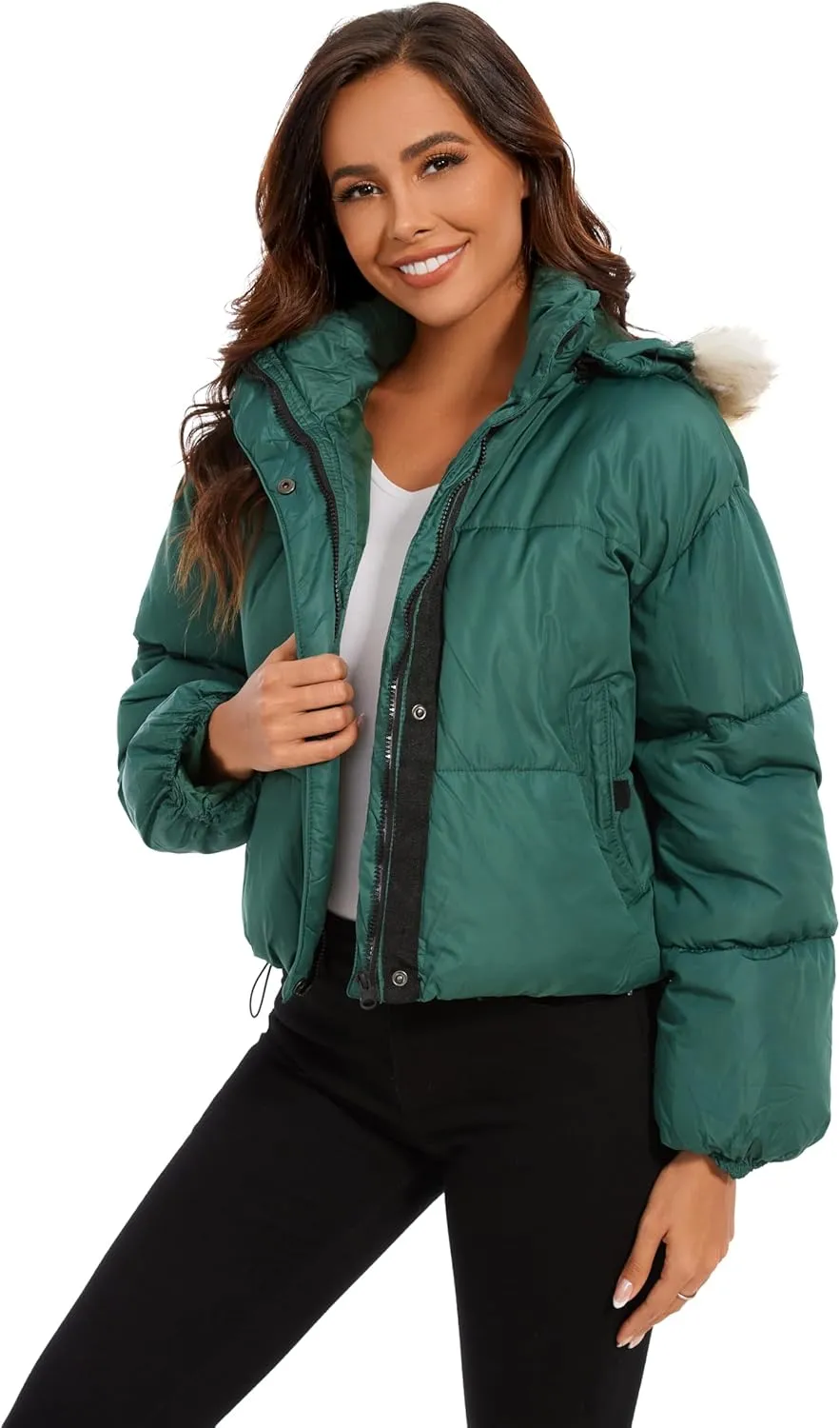 Tanderin Womens Winter Cropped Puffer Jacket Removable Hood Zip-Up Short Down Coat with Pockets with Pockets