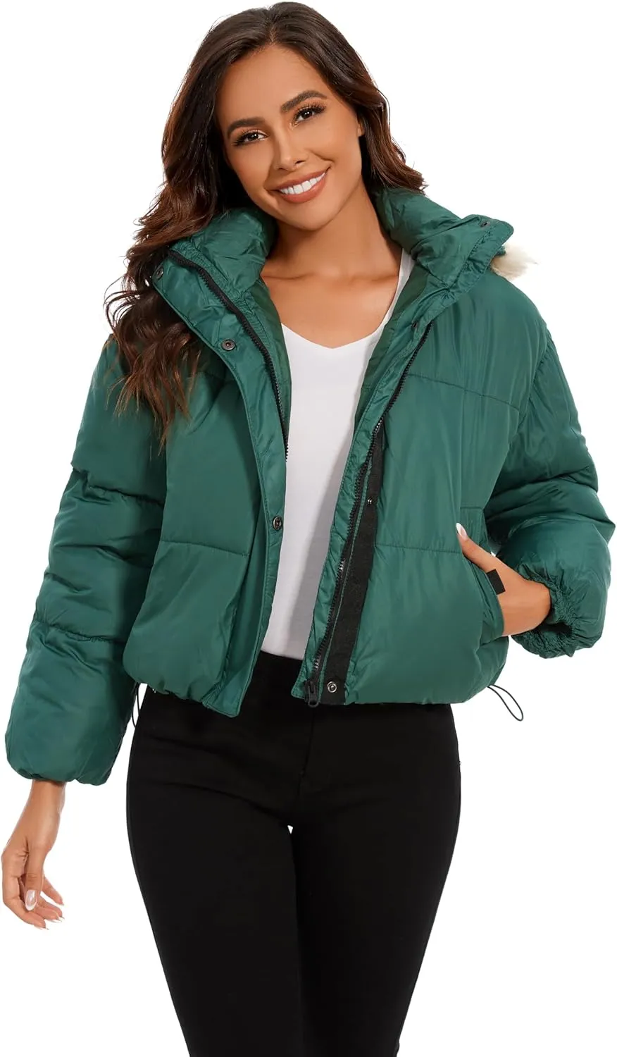 Tanderin Womens Winter Cropped Puffer Jacket Removable Hood Zip-Up Short Down Coat with Pockets with Pockets