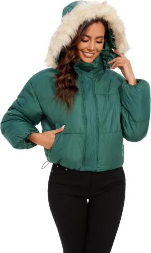Tanderin Womens Winter Cropped Puffer Jacket Removable Hood Zip-Up Short Down Coat with Pockets with Pockets