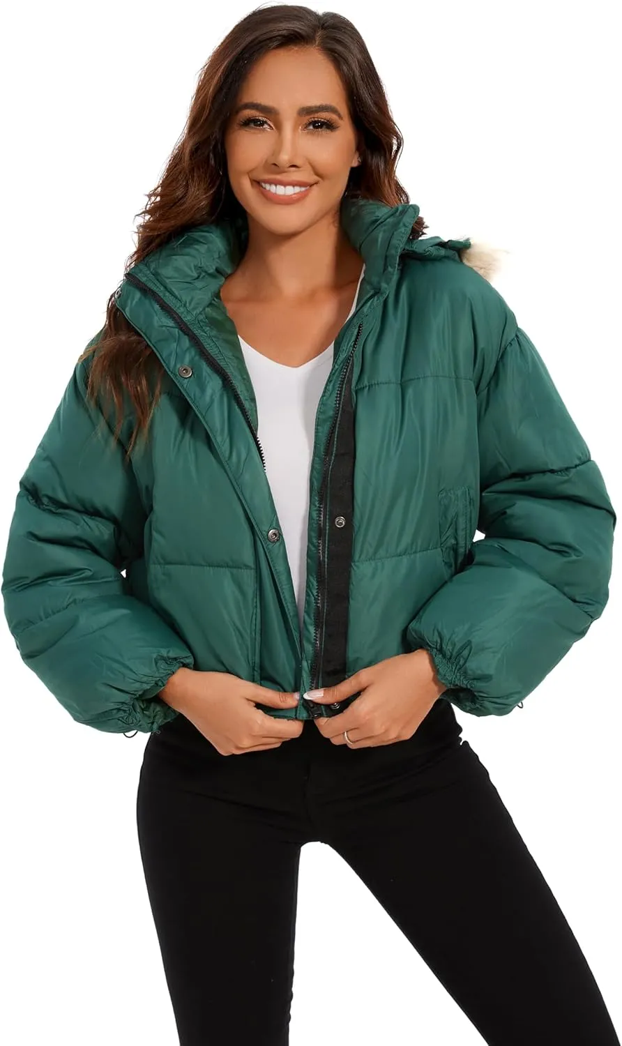 Tanderin Womens Winter Cropped Puffer Jacket Removable Hood Zip-Up Short Down Coat with Pockets with Pockets