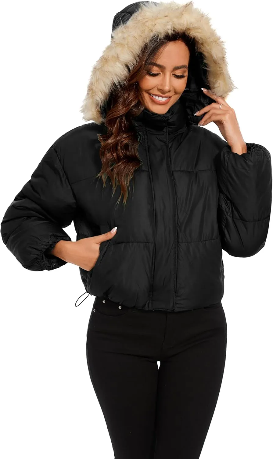Tanderin Womens Winter Cropped Puffer Jacket Removable Hood Zip-Up Short Down Coat with Pockets with Pockets