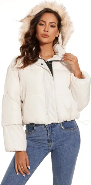 Tanderin Womens Winter Cropped Puffer Jacket Removable Hood Zip-Up Short Down Coat with Pockets with Pockets