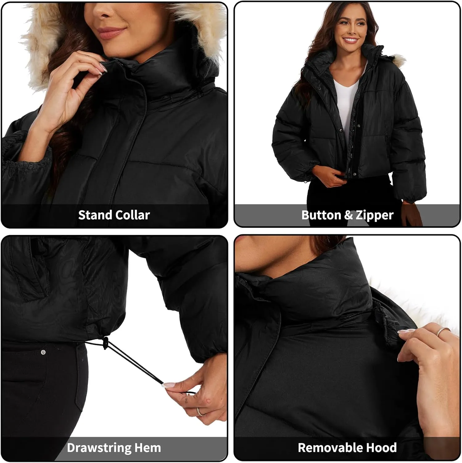 Tanderin Womens Winter Cropped Puffer Jacket Removable Hood Zip-Up Short Down Coat with Pockets with Pockets