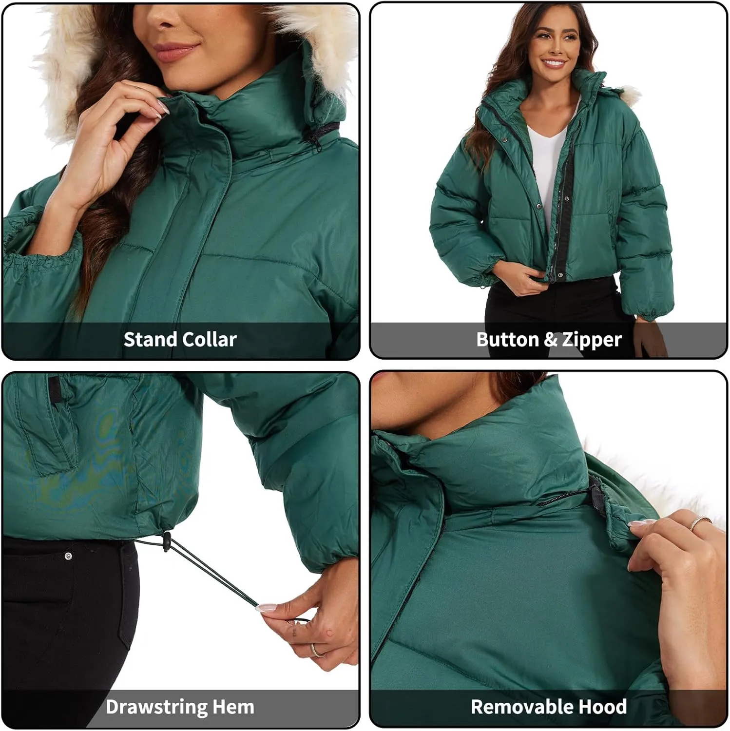 Tanderin Womens Winter Cropped Puffer Jacket Removable Hood Zip-Up Short Down Coat with Pockets with Pockets