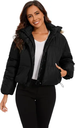 Tanderin Womens Winter Cropped Puffer Jacket Removable Hood Zip-Up Short Down Coat with Pockets with Pockets