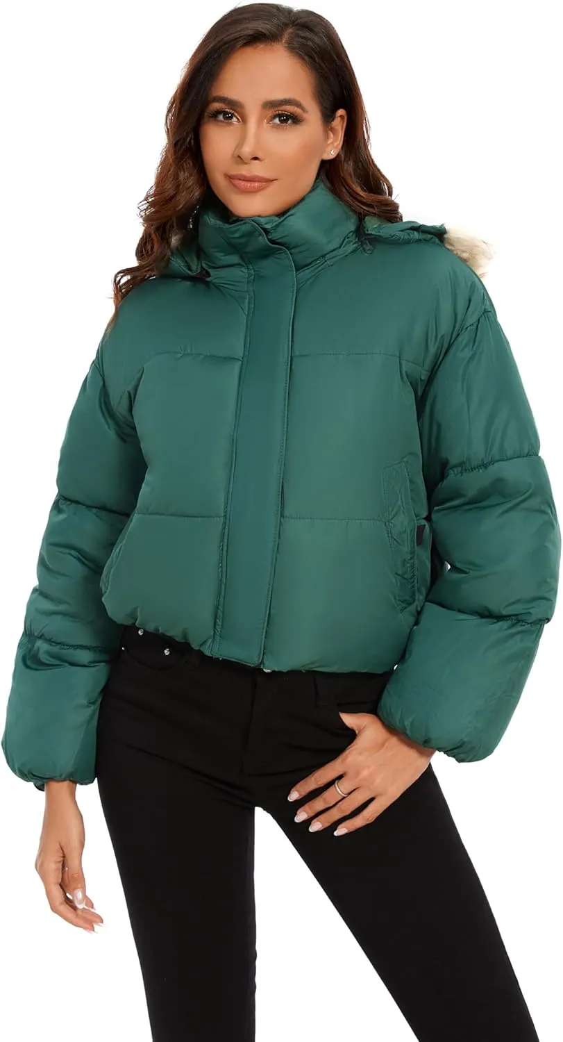 Tanderin Womens Winter Cropped Puffer Jacket Removable Hood Zip-Up Short Down Coat with Pockets with Pockets