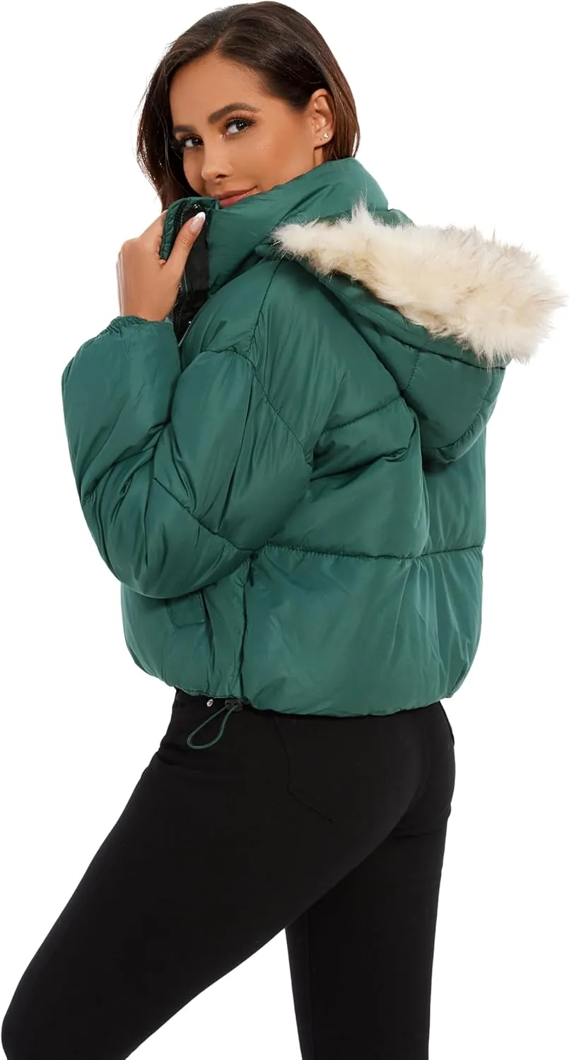 Tanderin Womens Winter Cropped Puffer Jacket Removable Hood Zip-Up Short Down Coat with Pockets with Pockets