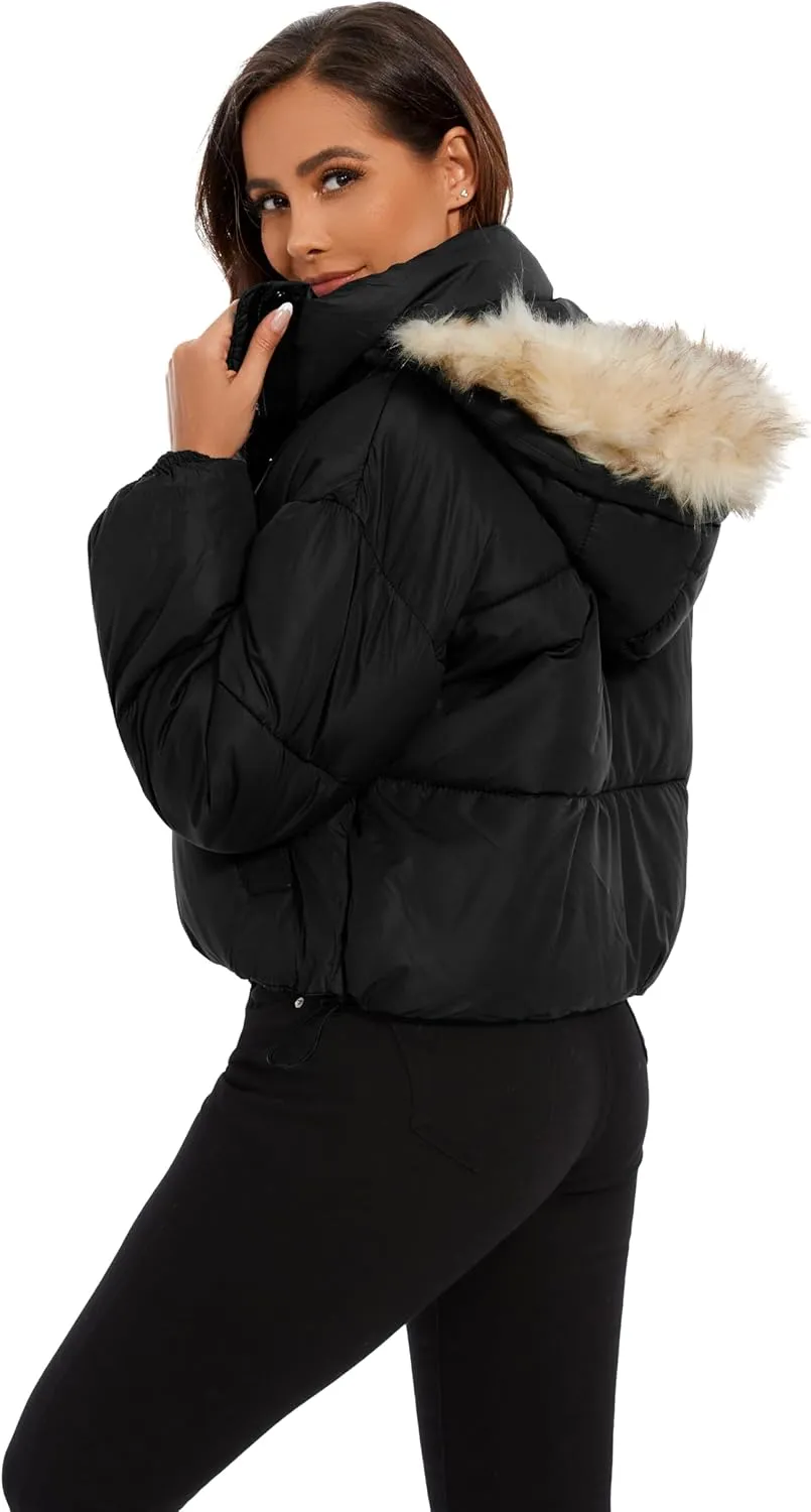 Tanderin Womens Winter Cropped Puffer Jacket Removable Hood Zip-Up Short Down Coat with Pockets with Pockets