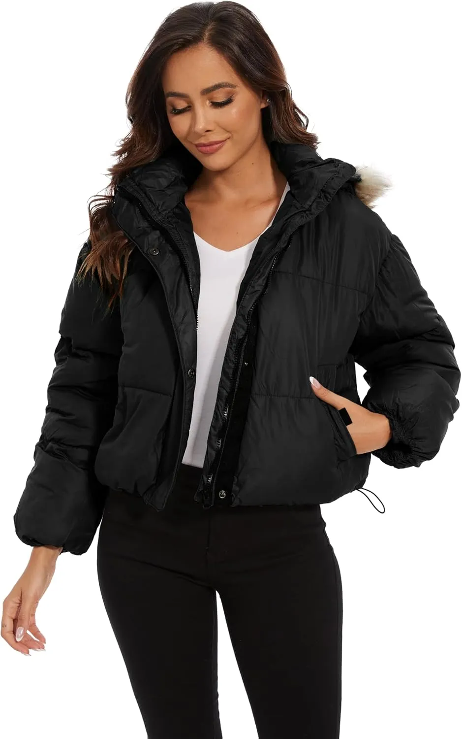 Tanderin Womens Winter Cropped Puffer Jacket Removable Hood Zip-Up Short Down Coat with Pockets with Pockets