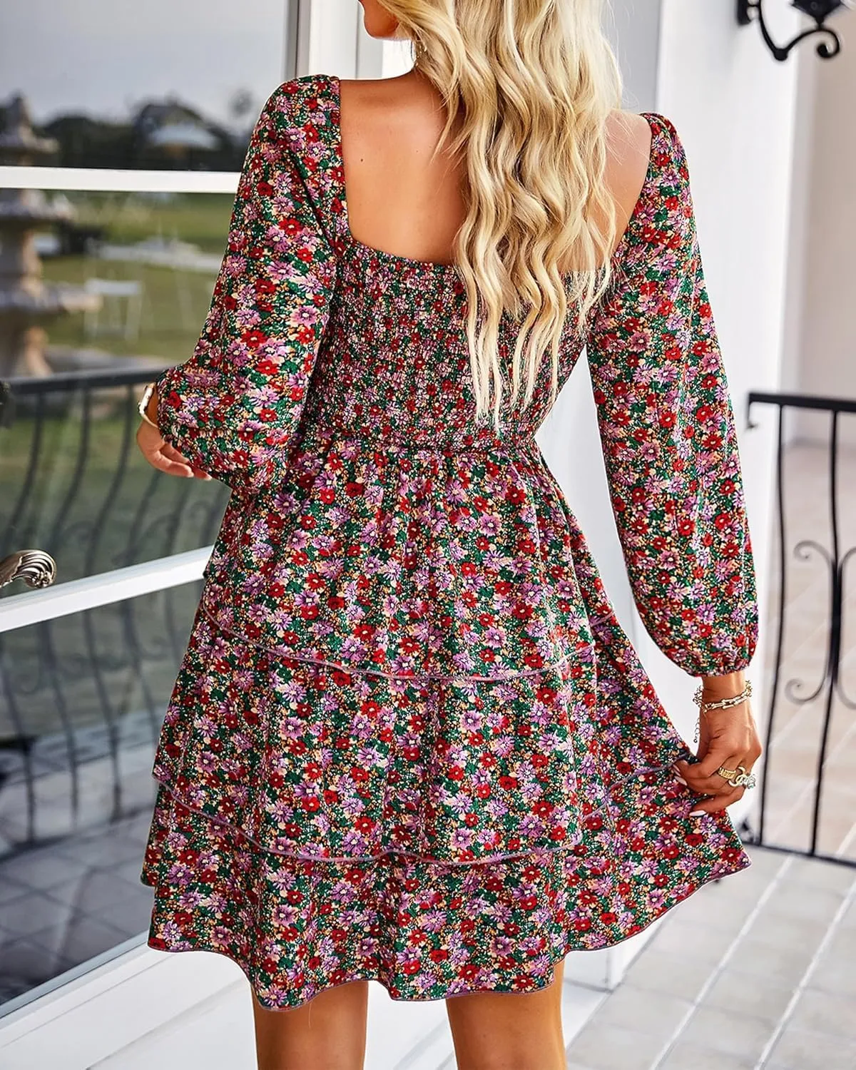 TAOMYTAWomen's Square Neck Smocked Dress-Long Sleeve Boho Mini Dress with Floral or Swiss Dot, Wedding Guest Outfit 2025