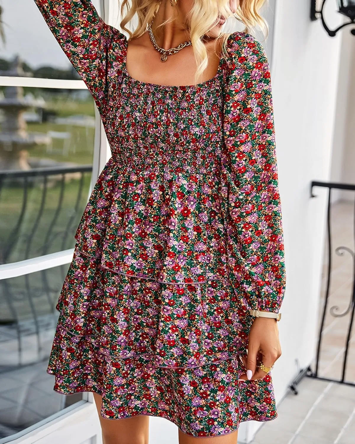 TAOMYTAWomen's Square Neck Smocked Dress-Long Sleeve Boho Mini Dress with Floral or Swiss Dot, Wedding Guest Outfit 2025