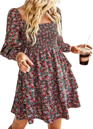 TAOMYTAWomen's Square Neck Smocked Dress-Long Sleeve Boho Mini Dress with Floral or Swiss Dot, Wedding Guest Outfit 2025