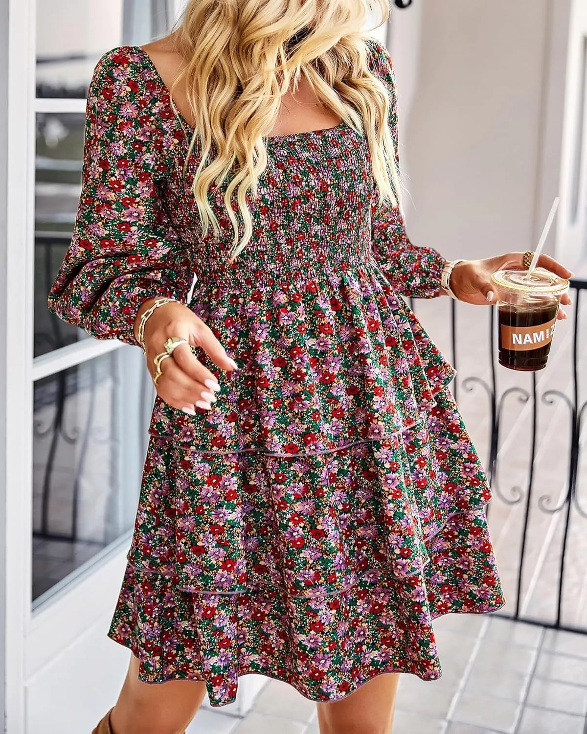 TAOMYTAWomen's Square Neck Smocked Dress-Long Sleeve Boho Mini Dress with Floral or Swiss Dot, Wedding Guest Outfit 2025