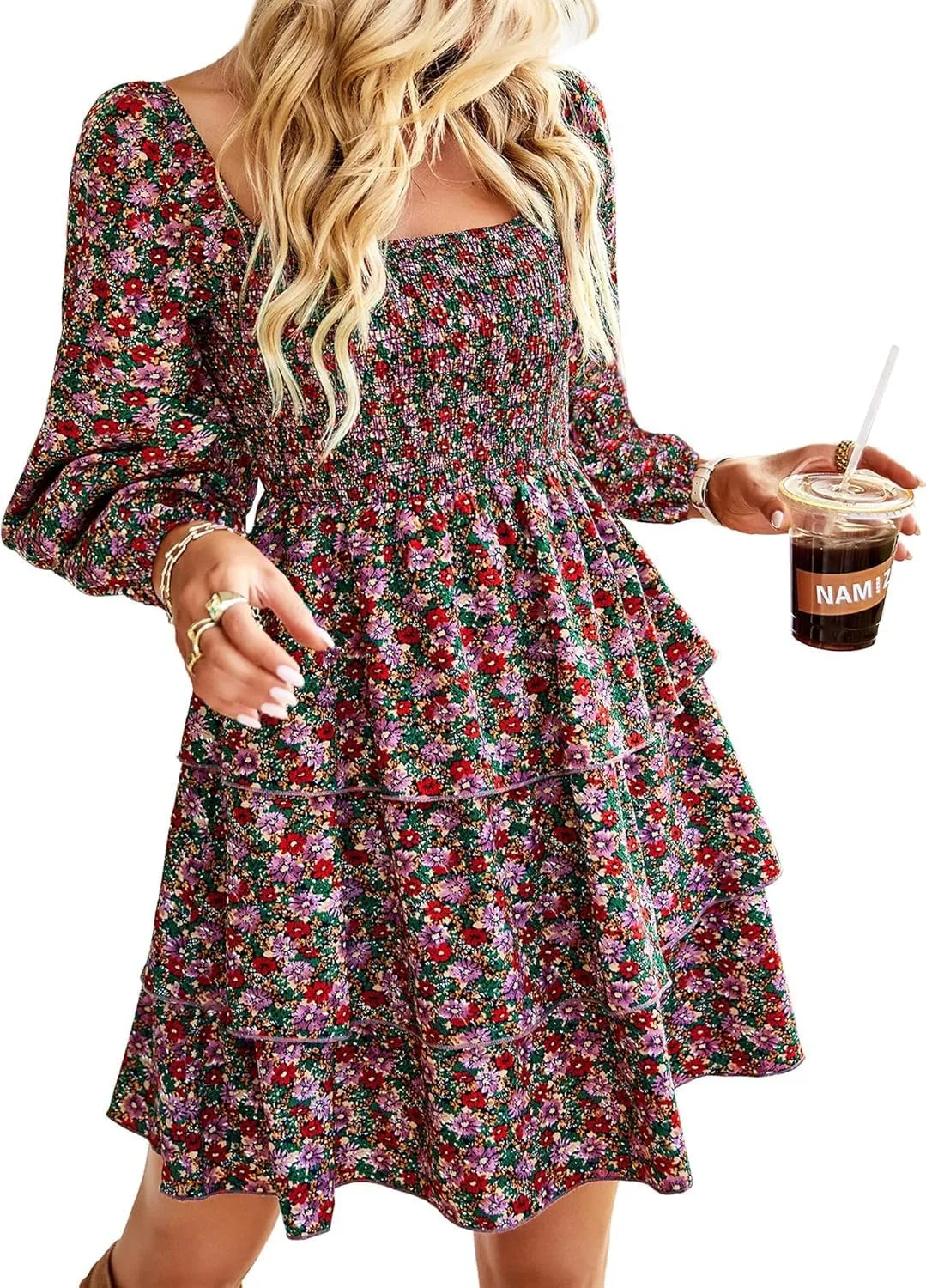 TAOMYTAWomen's Square Neck Smocked Dress-Long Sleeve Boho Mini Dress with Floral or Swiss Dot, Wedding Guest Outfit 2025