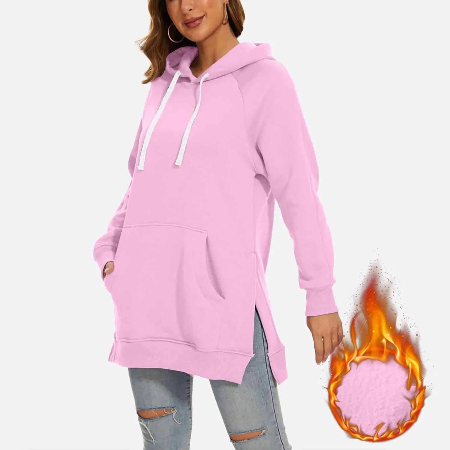 The Warmys Oversized Hoodie Dress, Sherpa Lined Long Sleeve Split Hem Valentines Day Pullover Sweatshirts with Pocket