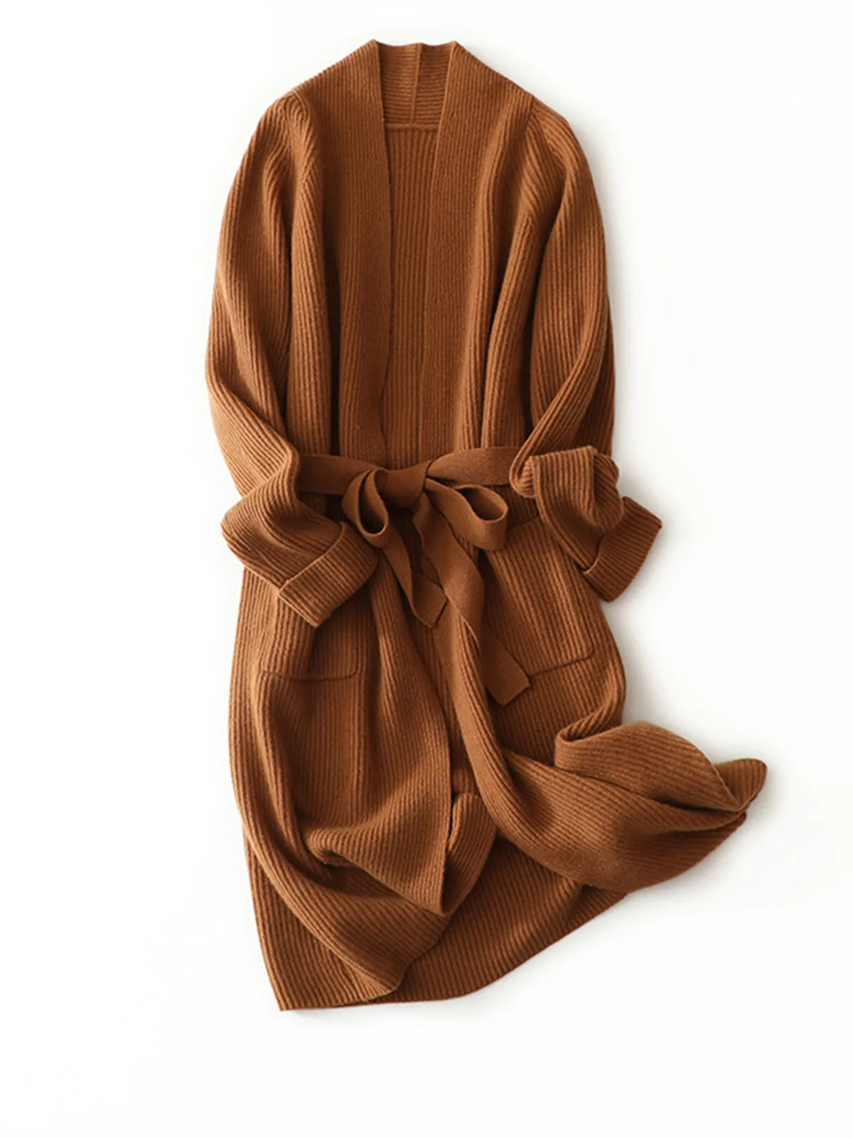 Thickened Mid-length Belted Knit Cashmere Wool Blended Cardigan