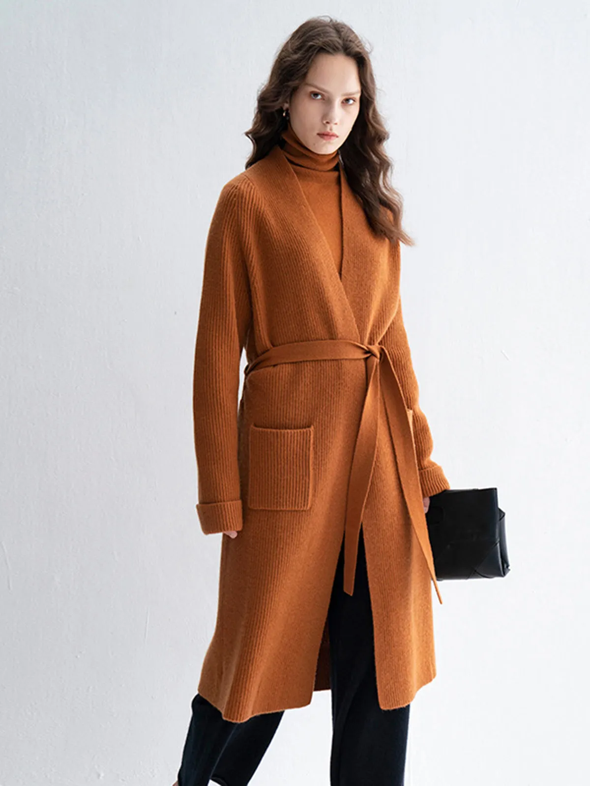 Thickened Mid-length Belted Knit Cashmere Wool Blended Cardigan