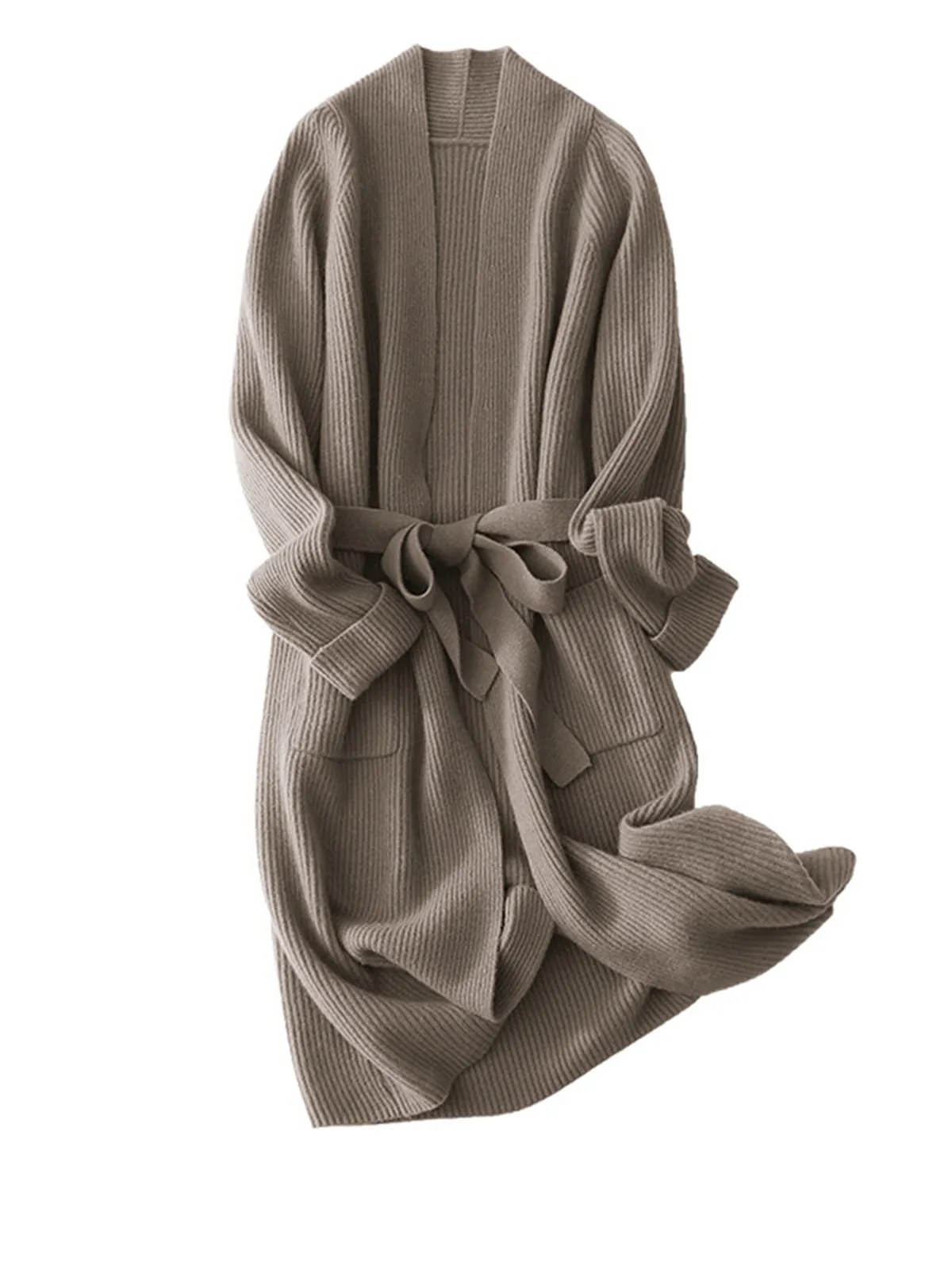 Thickened Mid-length Belted Knit Cashmere Wool Blended Cardigan