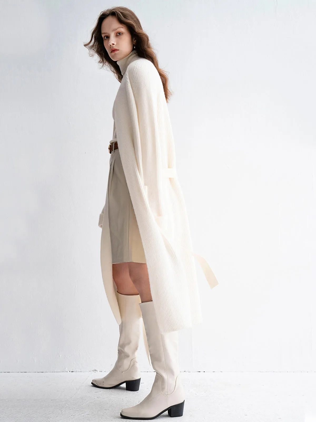 Thickened Mid-length Belted Knit Cashmere Wool Blended Cardigan