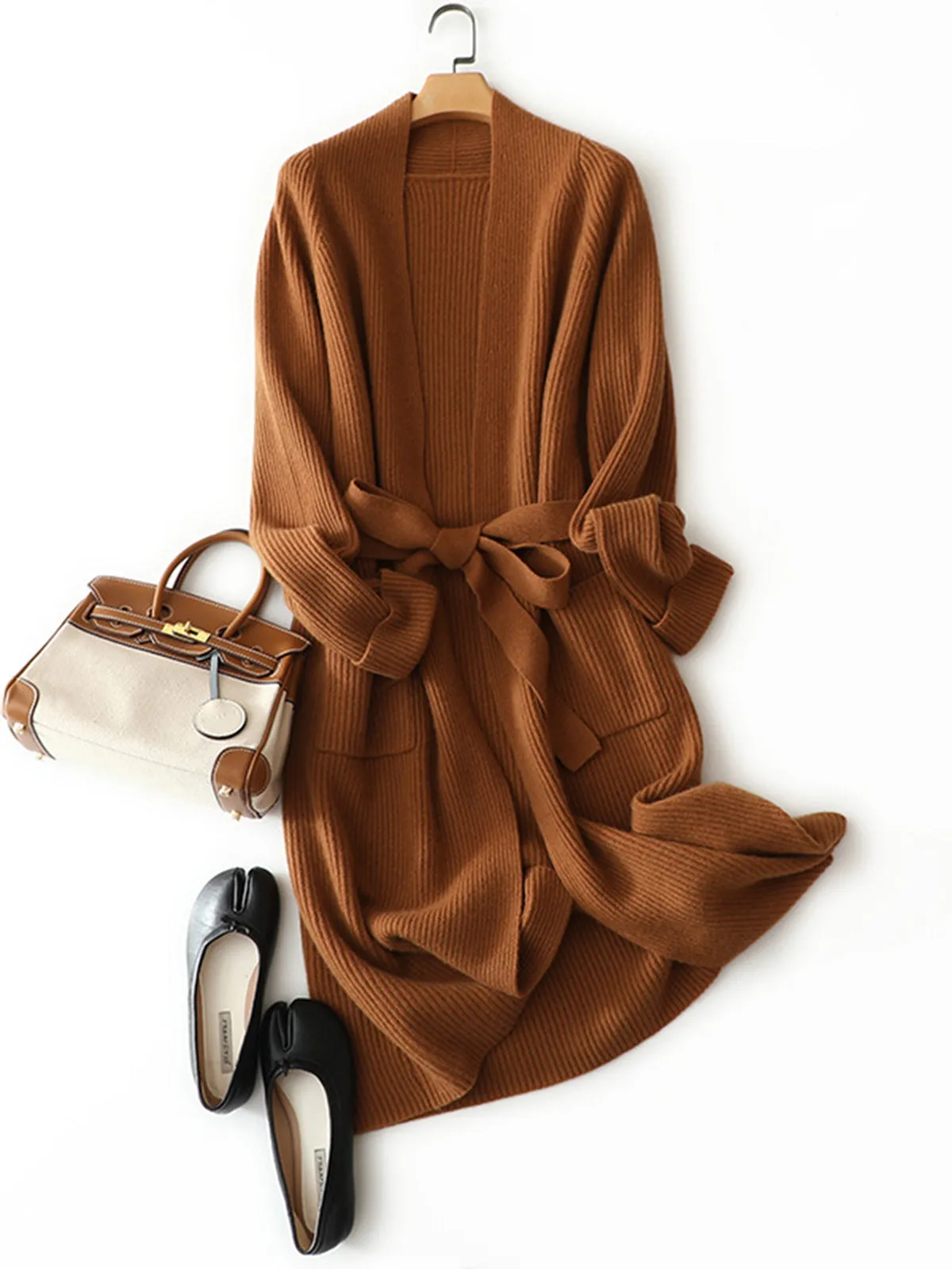 Thickened Mid-length Belted Knit Cashmere Wool Blended Cardigan