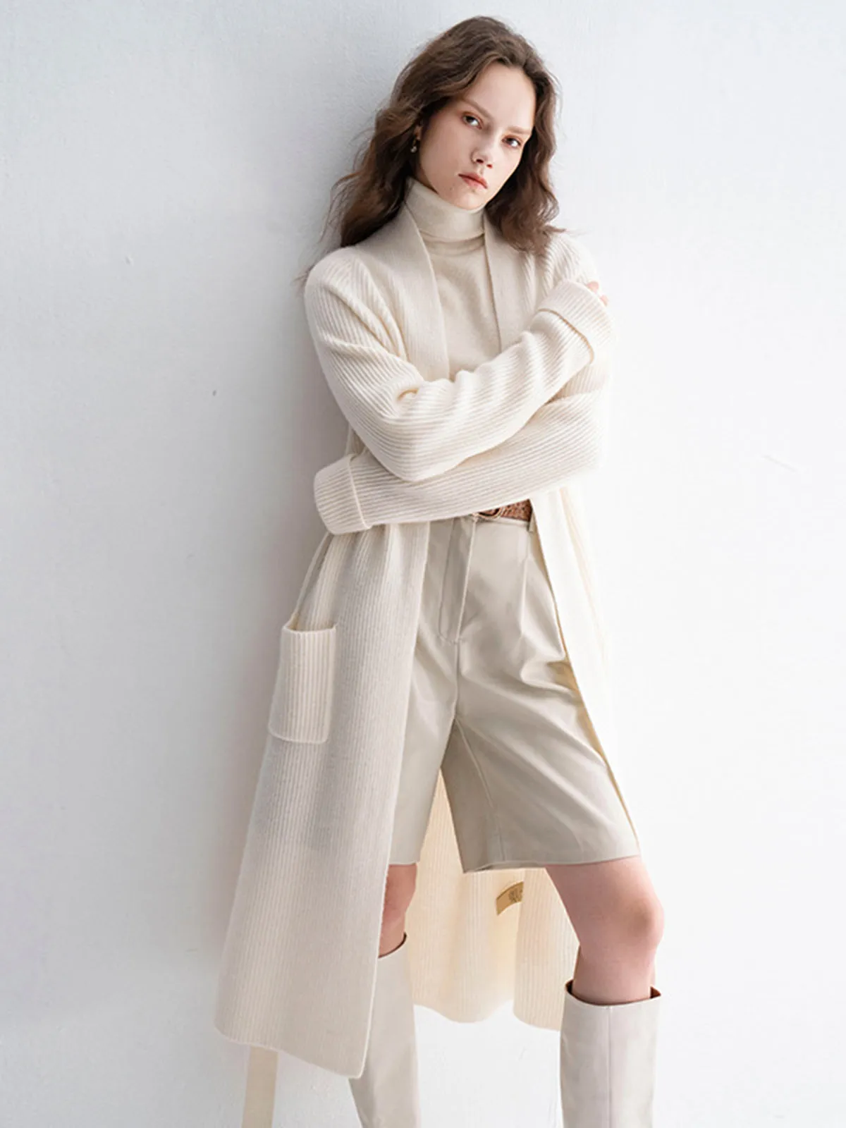 Thickened Mid-length Belted Knit Cashmere Wool Blended Cardigan