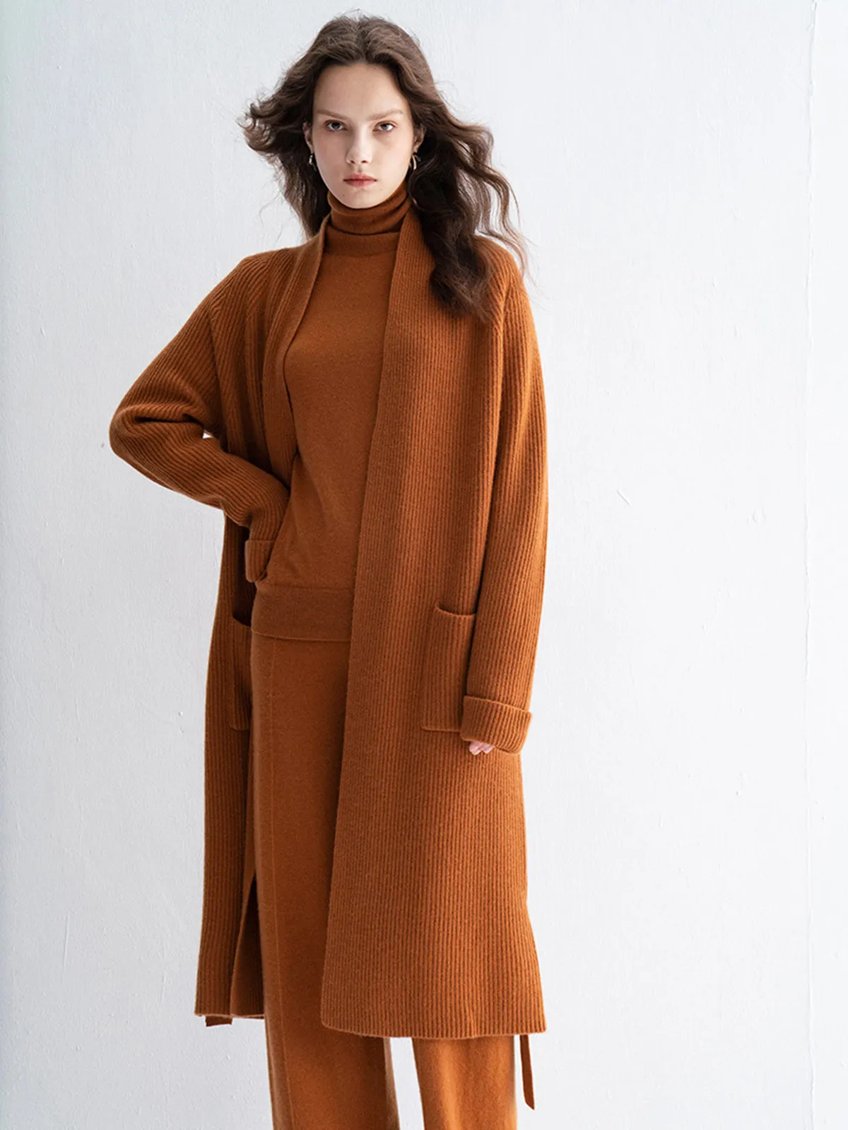 Thickened Mid-length Belted Knit Cashmere Wool Blended Cardigan