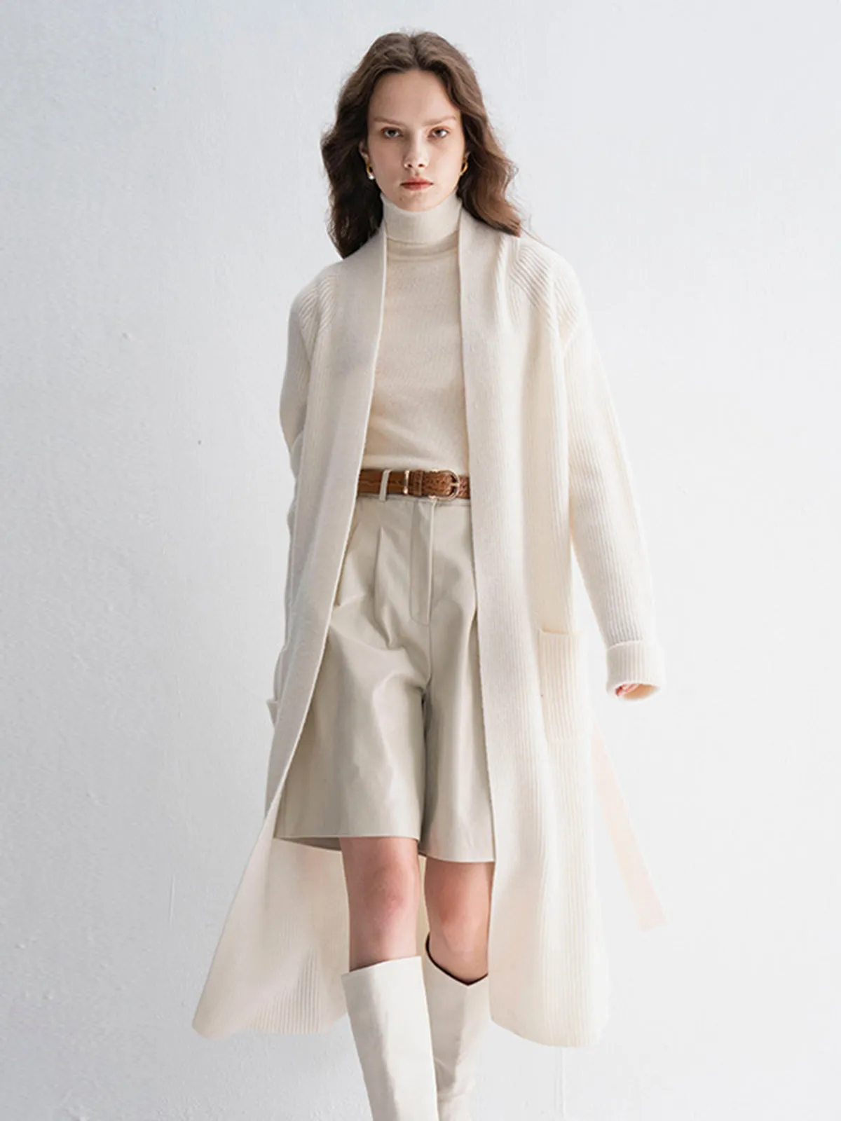 Thickened Mid-length Belted Knit Cashmere Wool Blended Cardigan