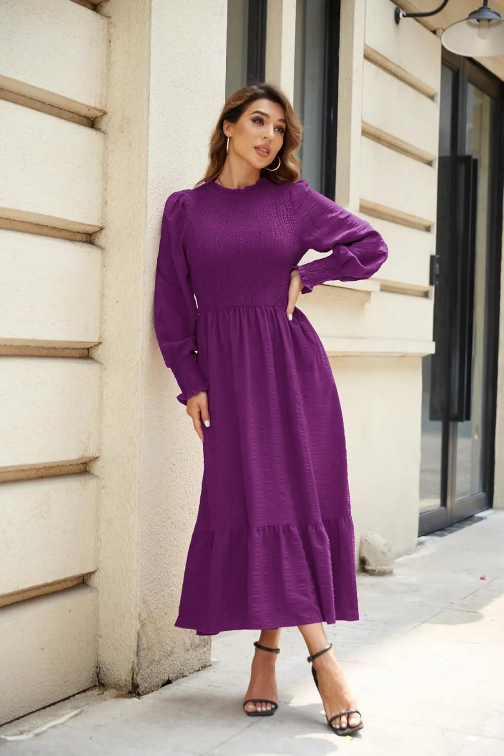 VintageClothing Women's 2023 Casual Fall Midi Dresses Long Sleeve Crew Neck Smocked Flowy Tiered Long Dress with Pockets