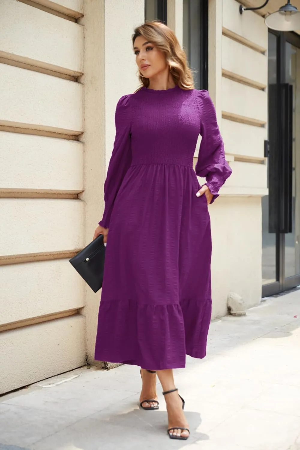 VintageClothing Women's 2023 Casual Fall Midi Dresses Long Sleeve Crew Neck Smocked Flowy Tiered Long Dress with Pockets