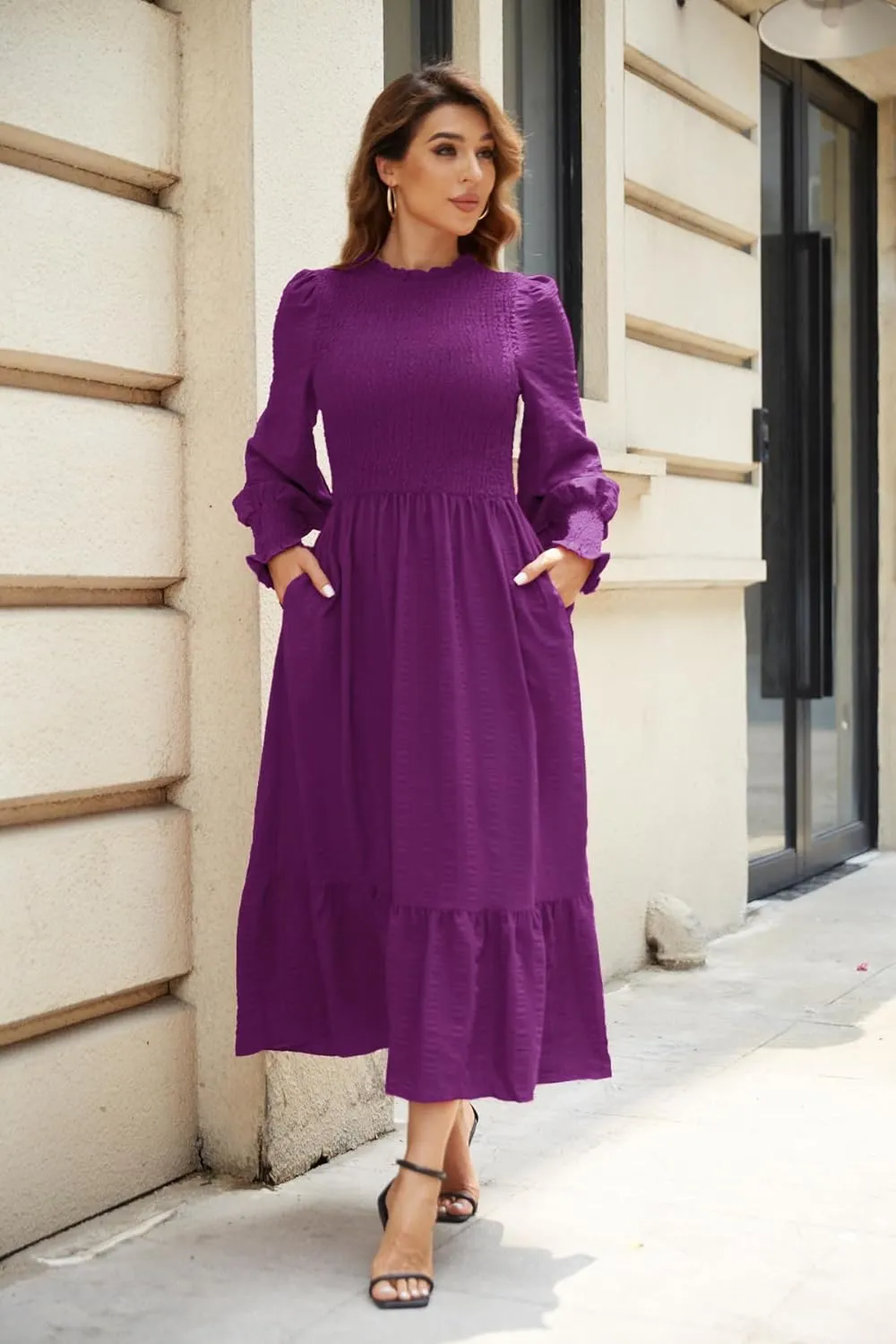 VintageClothing Women's 2023 Casual Fall Midi Dresses Long Sleeve Crew Neck Smocked Flowy Tiered Long Dress with Pockets