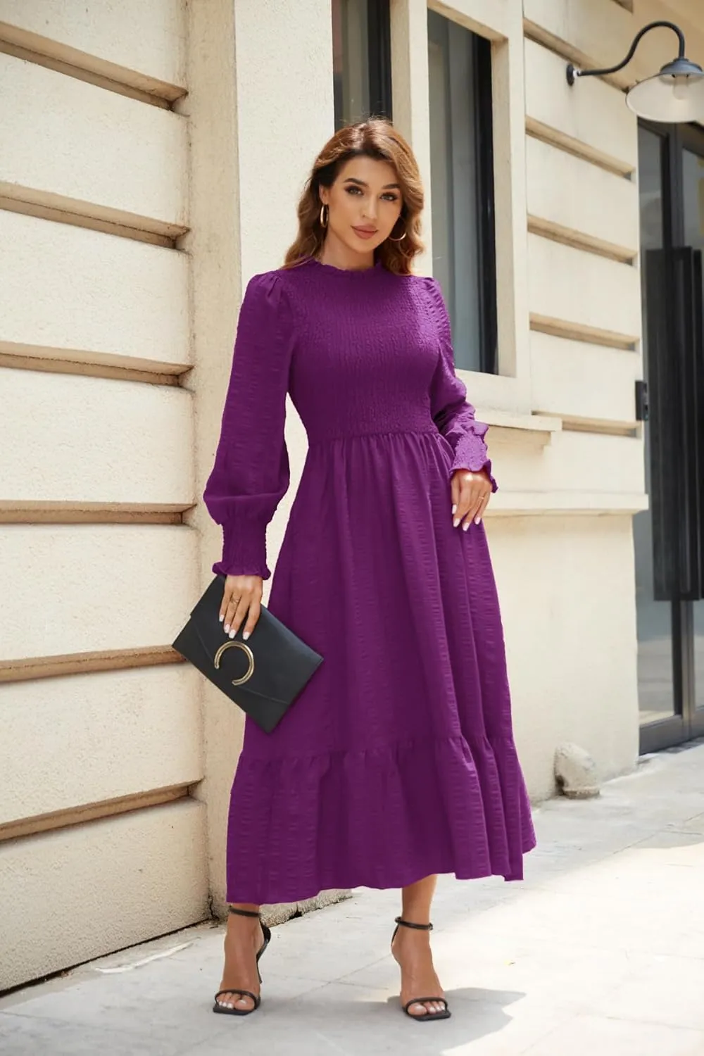 VintageClothing Women's 2023 Casual Fall Midi Dresses Long Sleeve Crew Neck Smocked Flowy Tiered Long Dress with Pockets