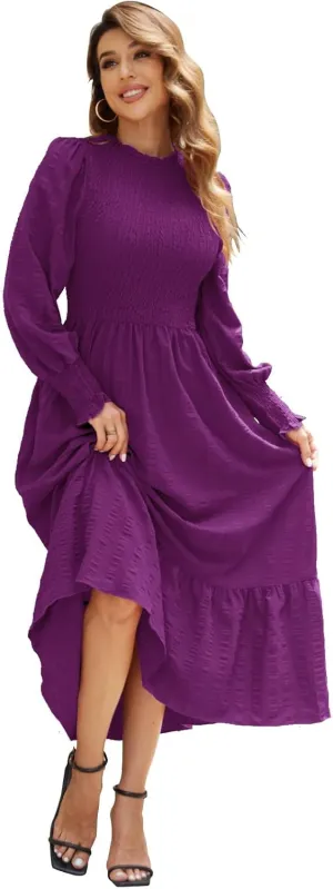 VintageClothing Women's 2023 Casual Fall Midi Dresses Long Sleeve Crew Neck Smocked Flowy Tiered Long Dress with Pockets