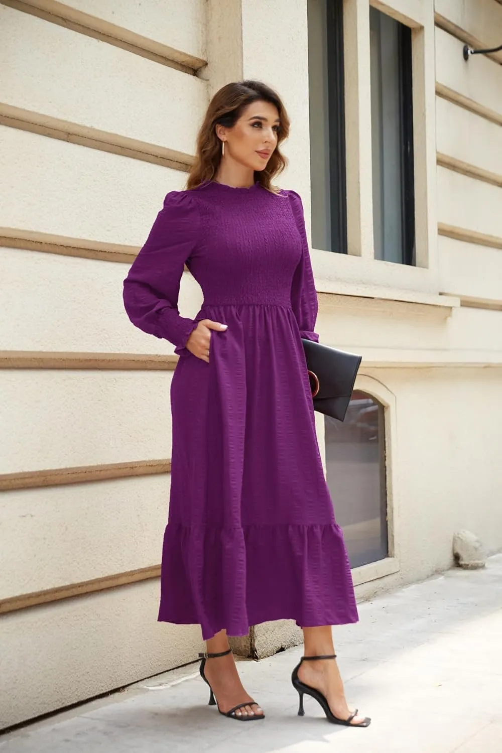 VintageClothing Women's 2023 Casual Fall Midi Dresses Long Sleeve Crew Neck Smocked Flowy Tiered Long Dress with Pockets