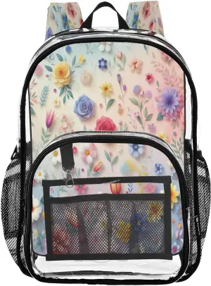 Vivid Flowers Blossom Clear Backpack with Back Print, Heavy Duty See Through Backpacks PVC Transparent Daypack for Travel Security