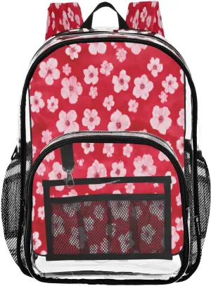 Vivid Flowers Red Clear Backpack with Back Print, Heavy Duty See Through Backpacks PVC Transparent Daypack for Travel Security