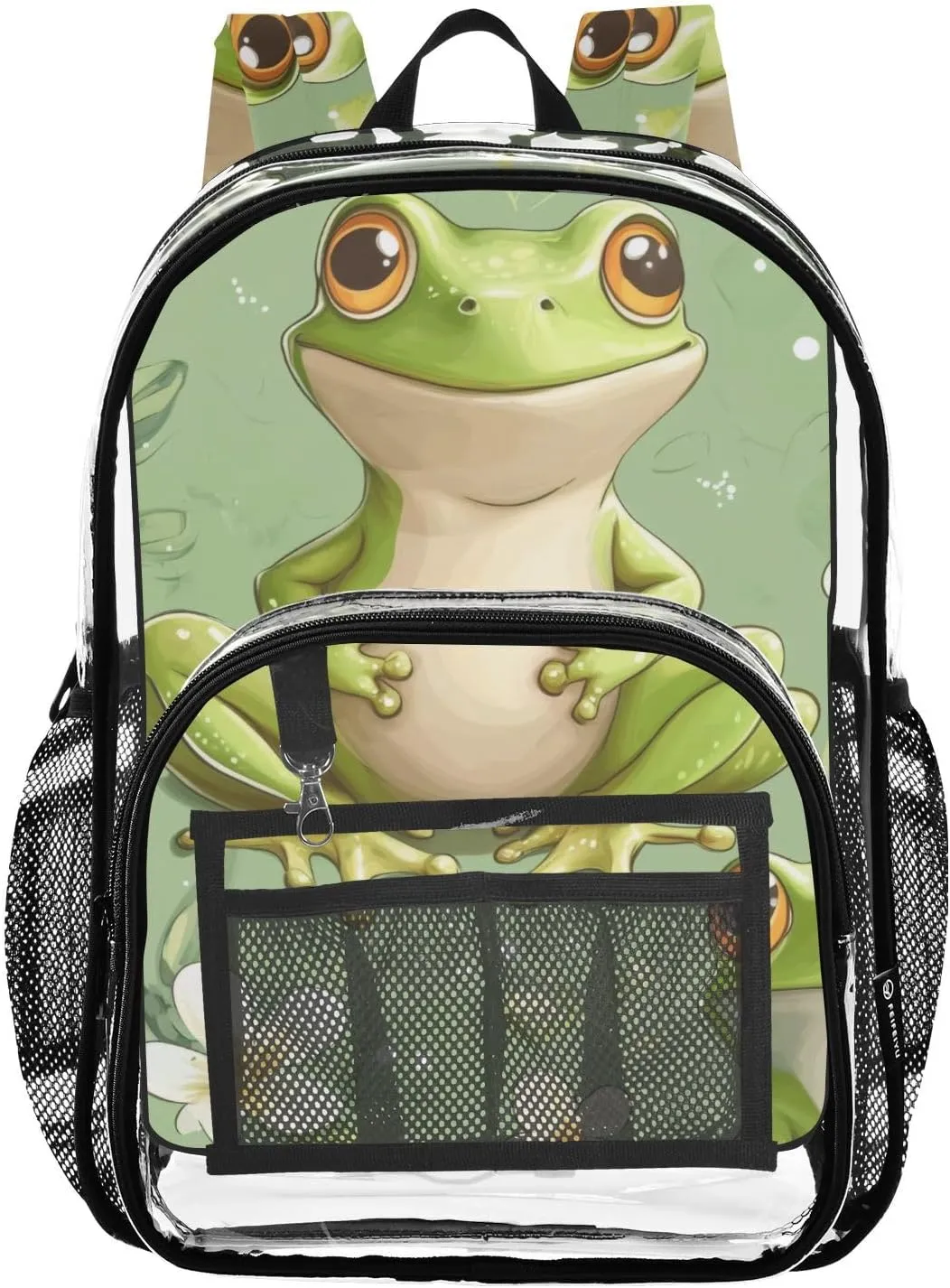 Vivid Frogs Clear Backpack with Back Print, Heavy Duty See Through Backpacks PVC Transparent Daypack for Travel Security