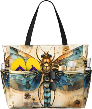 Vivid golden dragonfly Print 28L Large Beach Tote Bag, 7 Pockets Waterproof Travel Shoulder Bag, Gym Oversized Tote