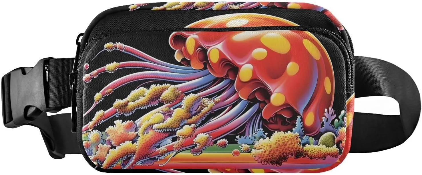 Vivid Red Jellyfish Fanny Pack Water Resistant, Women Men Waist Pack Sling Bag Purse for Travel Hiking