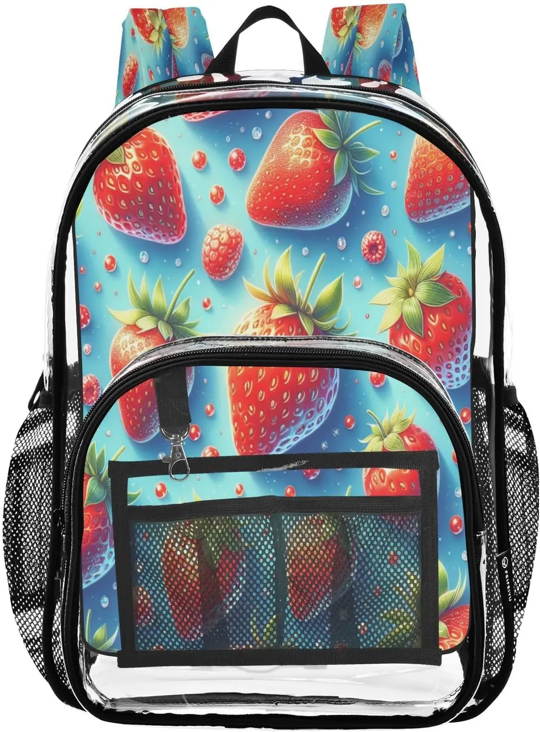 Vivid Strawberry Clear Backpack with Back Print, Heavy Duty See Through Backpacks PVC Transparent Daypack for Travel Security