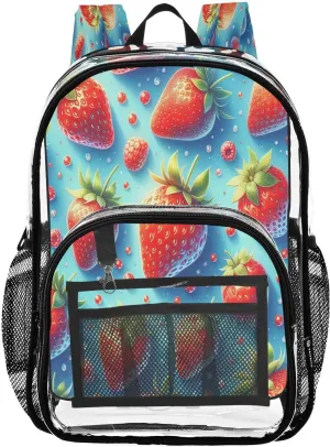 Vivid Strawberry Clear Backpack with Back Print, Heavy Duty See Through Backpacks PVC Transparent Daypack for Travel Security