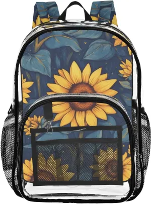 Vivid Sunflowers Clear Backpack with Back Print, Heavy Duty See Through Backpacks PVC Transparent Daypack for Travel Security