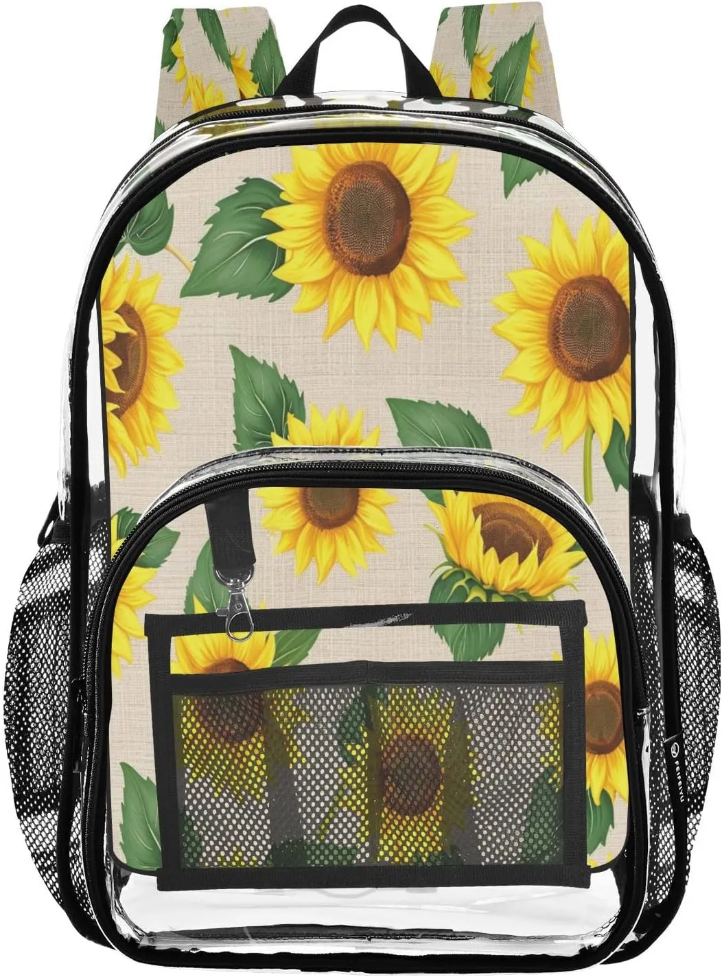 Vivid Sunflowers Yellow Clear Backpack with Back Print, Heavy Duty See Through Backpacks PVC Transparent Daypack for Travel Security
