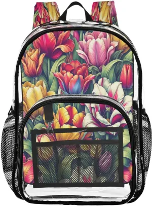 Vivid Tulips Floral Clear Backpack with Back Print, Heavy Duty See Through Backpacks PVC Transparent Daypack for Travel Security