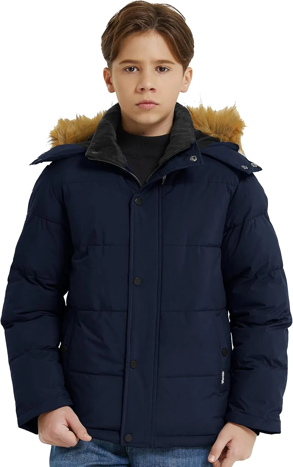 wantdo Boys' Winter Coat Warm Puffer Coat Waterproof Winter Jacket with Faux Fur Hood